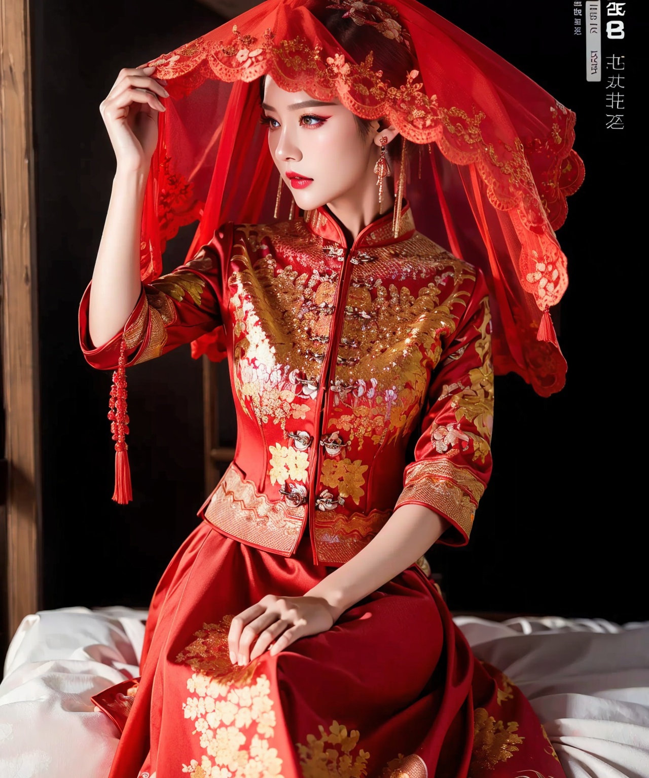 1 girl,veil,bridal veil,Red veil,flower,solo,floral print,veil,<lora:红盖头1.4:0.9>,sitting_on_bed,diamond earrings,the soft bed,<lora:汉服眼妆1.3:0.6>,dress,heavy makeup,water red lips,eyeshadow,eye makeup,
