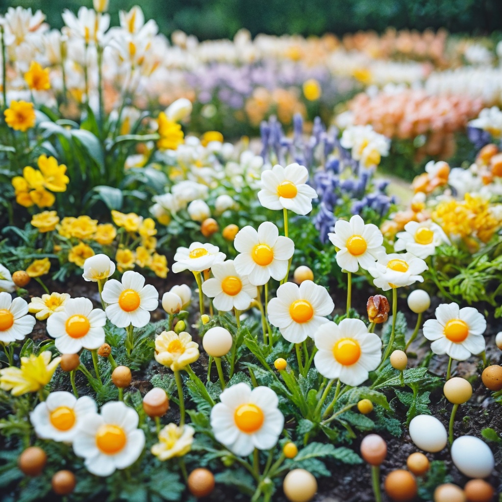 fried egg flowers in the bacon garden (shallow depth of field:0.6), highly detailed, high budget, (bokeh:0.6), film grain, grainy, ral-friedegg,poakl flower style,<lora:poaklflowerstyle-000009:0.8>,