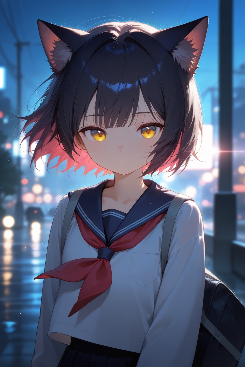 (masterpiece),loli,overexposure,chromatic_aberration,light,fair_skin,year 2024,year 2023,//,animal_ears,1girl,black_hair,sailor_collar,solo,short_hair,cat_ears,school_uniform,serafuku,black_sailor_collar,upper_body,rain,shirt,white_shirt,long_sleeves,night,closed_mouth,scenery,bangs,//close-up,dramatic lighting,rim light,reflective light,soft shadows,detailed shading,cinematic atmosphere,wind blowing hair,neon reflections,dynamic composition,//,(cowboy shot:0.9),floating hair,expressionless,backlighting,flashing black,shine noise,cowboy shoot,blue and white theme,depth of field,cinematic lighting,light particles,lens flare,extreme aesthetic,masterpiece,newest,Visual impact,A shot with tension,32K UHD,sharp focus,Emotionalization,masterful details,temperate atmosphere,with a high-end texture,(Visual impact:1.2),giving the poster a dynamic and visually striking appearance,impactful picture,colorful,splash of color,movie perspective,newest,sfsk,slxy,qxsy,depth of field,detailed light,blurry background,best shadow,shiny skin,cinematic lighting,ray tracing,absurdres,HDR,
