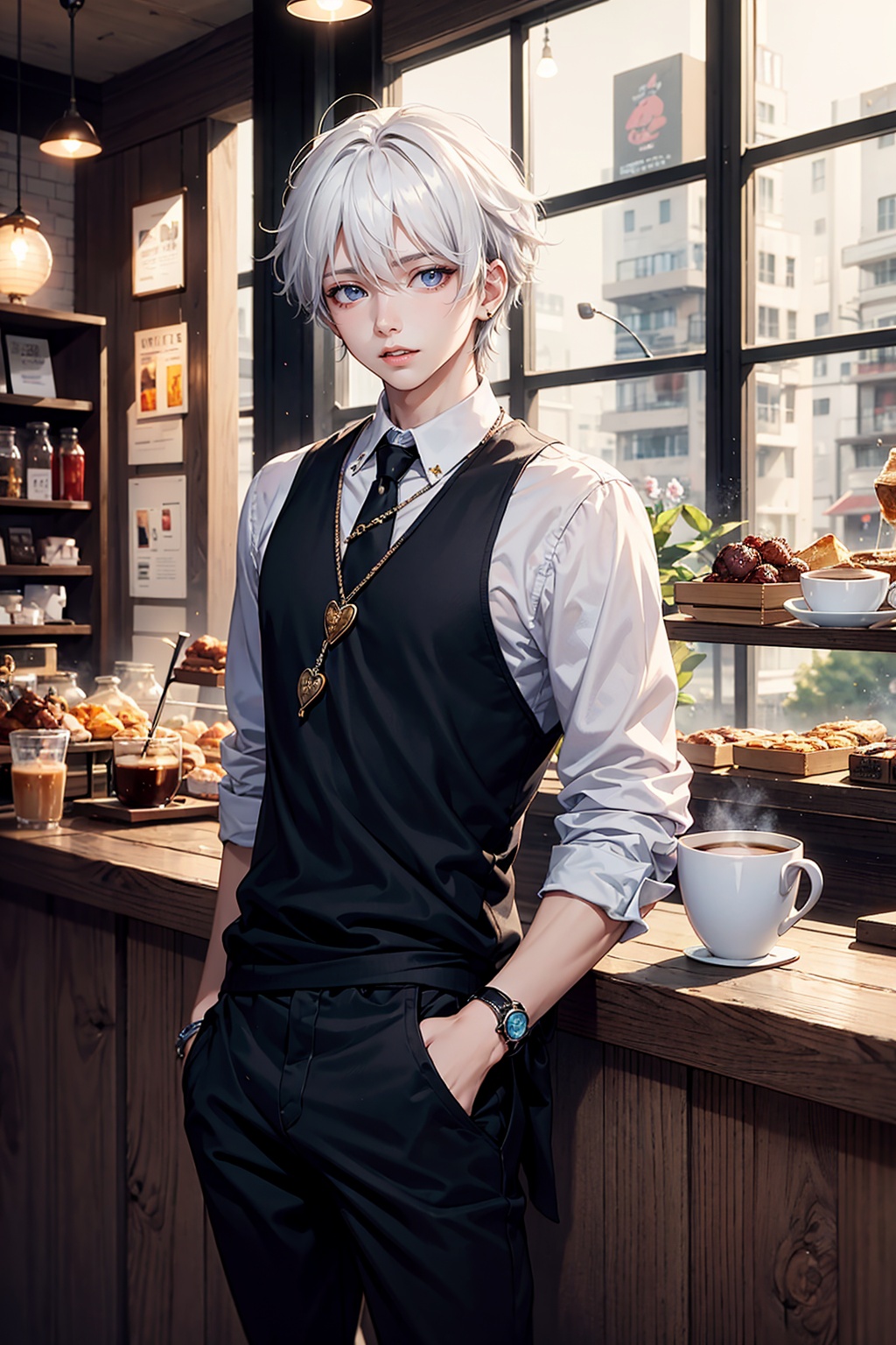 <lora:国风插画SDXL:1>,Best quality,masterpiece,ultra high res,1boy,(highest quality:1.12),(HDR:1),<lora:YG男神:0.7>,Manhuanan,jewelry,1boy,half body photo,white hair,at the coffee shop,blurred background,CG,UE5,