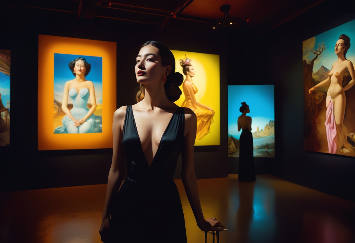 Visualize a captivating long shot of an elegantly poised woman,  extremely detailed face,  fully immersed in observing a s...