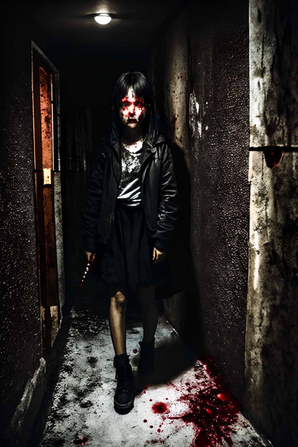 1girl,<lora:loneliness_15_v2>,night,dark,1girl,blood on face,scared,holding a bone,full body,