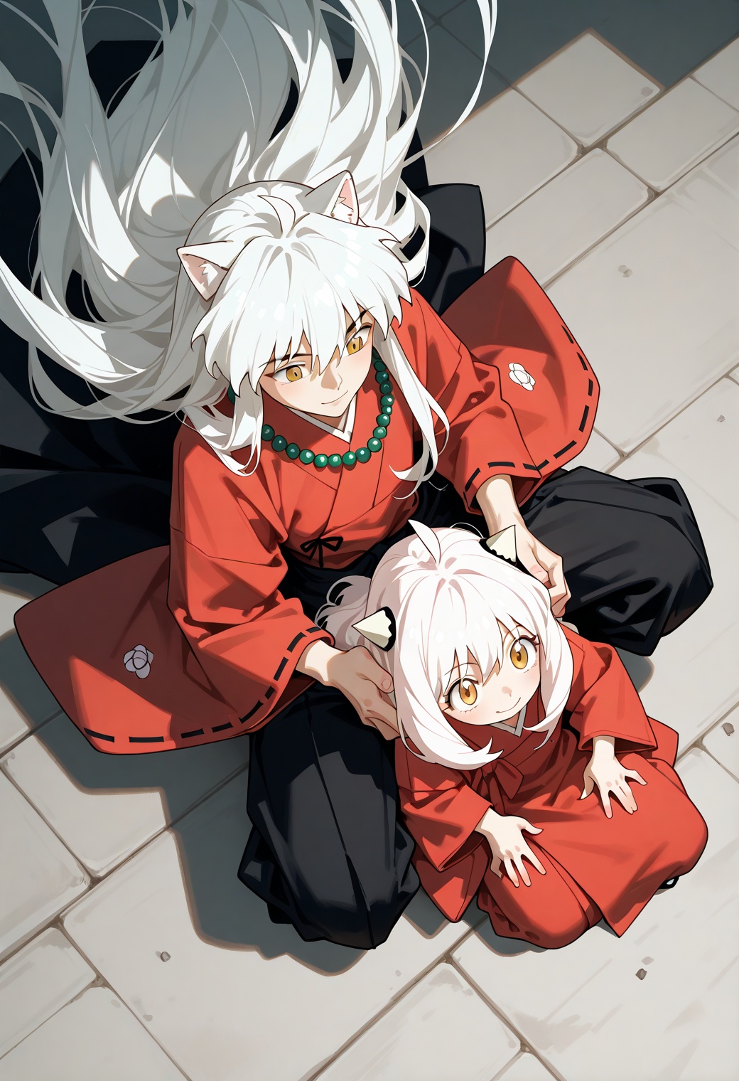 (dino_(dinoartforame):0.5),(yoneyama mai:0.5),inuyasha \(character\),inuyasha,solo,fortitude expression,1boy,dog ears,yellow eyes,hair between eyes,long hair,white hair,very long hair,red kimono,wide sleeves,long sleeves,bead necklace,1girl,anya \(spy x family\),spy x family,from_above,take a walk,kind_smile,girl sitting on boy's shoulders,