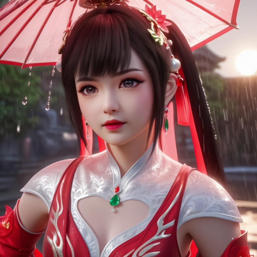 <lora:848-DA-XL-完美世界-火灵儿-幼年:0.8>, (,1girl, ,best quality, ),,  ,,ultra detailed 8k cg, ultra detailed background ,ultra realistic 8k cg,          cinematic lighting, cinematic bloom, (( , )),,  , unreal, science fiction,  luxury, jewelry, diamond, pearl, gem, sapphire, ruby, emerald, intricate detail, delicate pattern, charming, alluring, seductive, erotic, enchanting, hair ornament, necklace, earrings, bracelet, armlet,halo,masterpiece, (( , )),, realistic,science fiction,mole,   ,cherry blossoms,,(((Best quality, masterpiece, ultra high res, (photorealistic:1.4), raw photo, 1girl, ,rain, , sunlight, sunset, qianqiu wanxia,     )))  (cleavage),,  (),