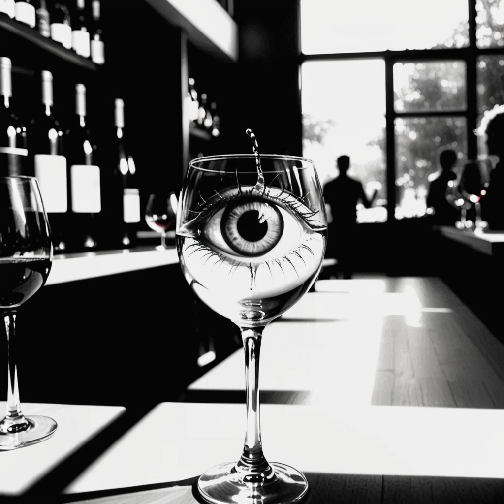 bar photo,<lora:barphoto_XL:0.6>,(through the glass to see the 1 eyeball:1.5),as well as a hint of mystery and anticipation.,using exaggerated techniques to express the relationship between the eyes and the wine glass.,creating a contrast between light and shadow to enhance the visual effect.,abstract school,sketch style eyeball,stream of consciousness,black and white tones,