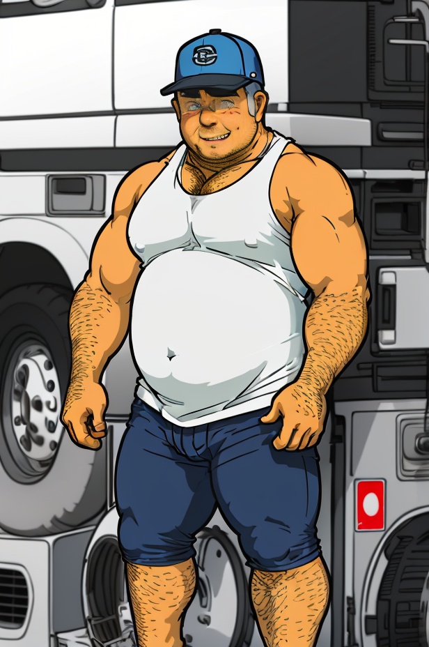 1man, Kamura, plump, male focus, belly, 1boy, bara, muscular male, pants, **** top, white **** top, solo, muscular, leg hair, old, pectorals,clothing aside, chest hair,abs, stomach, arm_hair, feet_out_of_frame, short_hair, washing_machine, eg_hair, car, white_****_top, hat, recording, ****_top, goatee, bulge, dark_skin, <lora:SD1.5_KAMURA.V1:0.8>