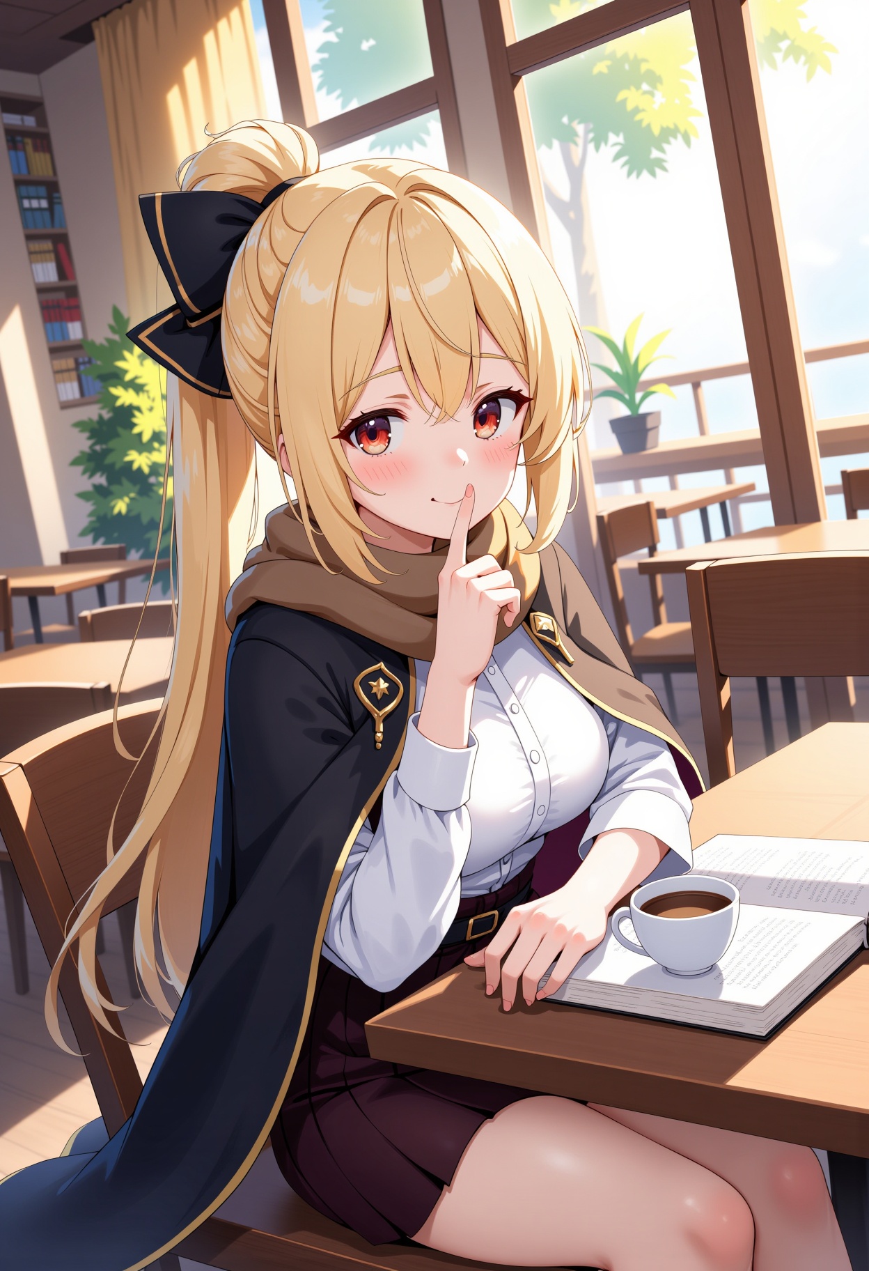 This is a digital illustration in an anime style featuring a young woman sitting at a table in a cozy café. She has light...