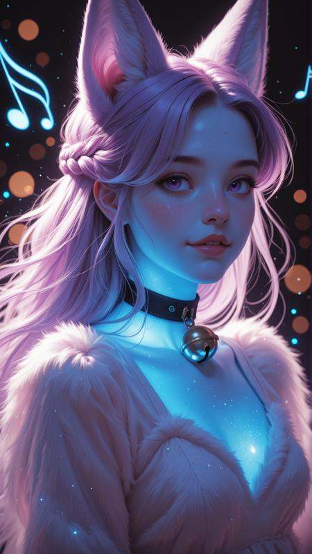 masterpiece, detailed_eyes, high_quality, best_quality, highres, subject_focus, depth_of_field, complementary colors,1woman, hair_over_eye, bangs, half_updo, freckles, (neon), glowing skin, french_braid, fox_ears, fluffy_dress, choker, (bell_collar), parted_lips, face_focus, full_body_view, soft_angle, radiant_expression, gentle_smile,dreamy, soft_bokeh_effect, natural, gentle_breeze_effect, moody, delicate_light_particles, vintage, inspired, soft, floating music, music notes, purple,black_background,