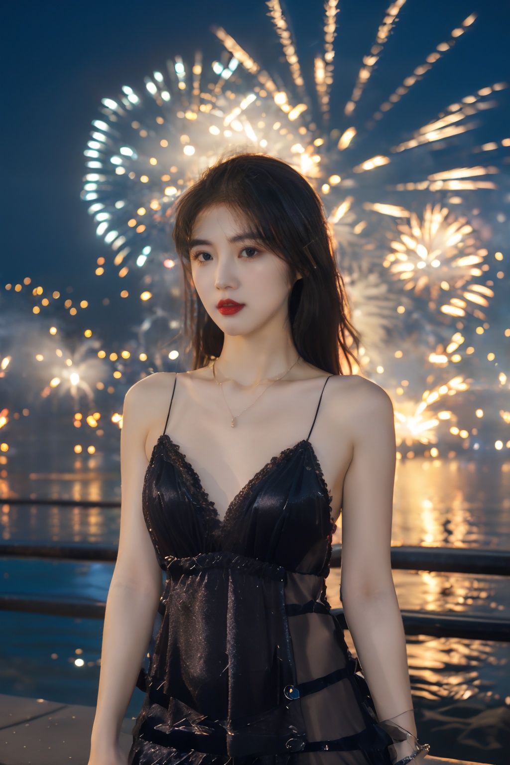 solo,1girl,dress,black hair,realistic,upper body,looking at viewer,elegant girl,(Silk_slip_dress:1.4),(Layered_necklaces:1.2),fire,fireworks,night,<lora:disillusion · fireworks:1>,