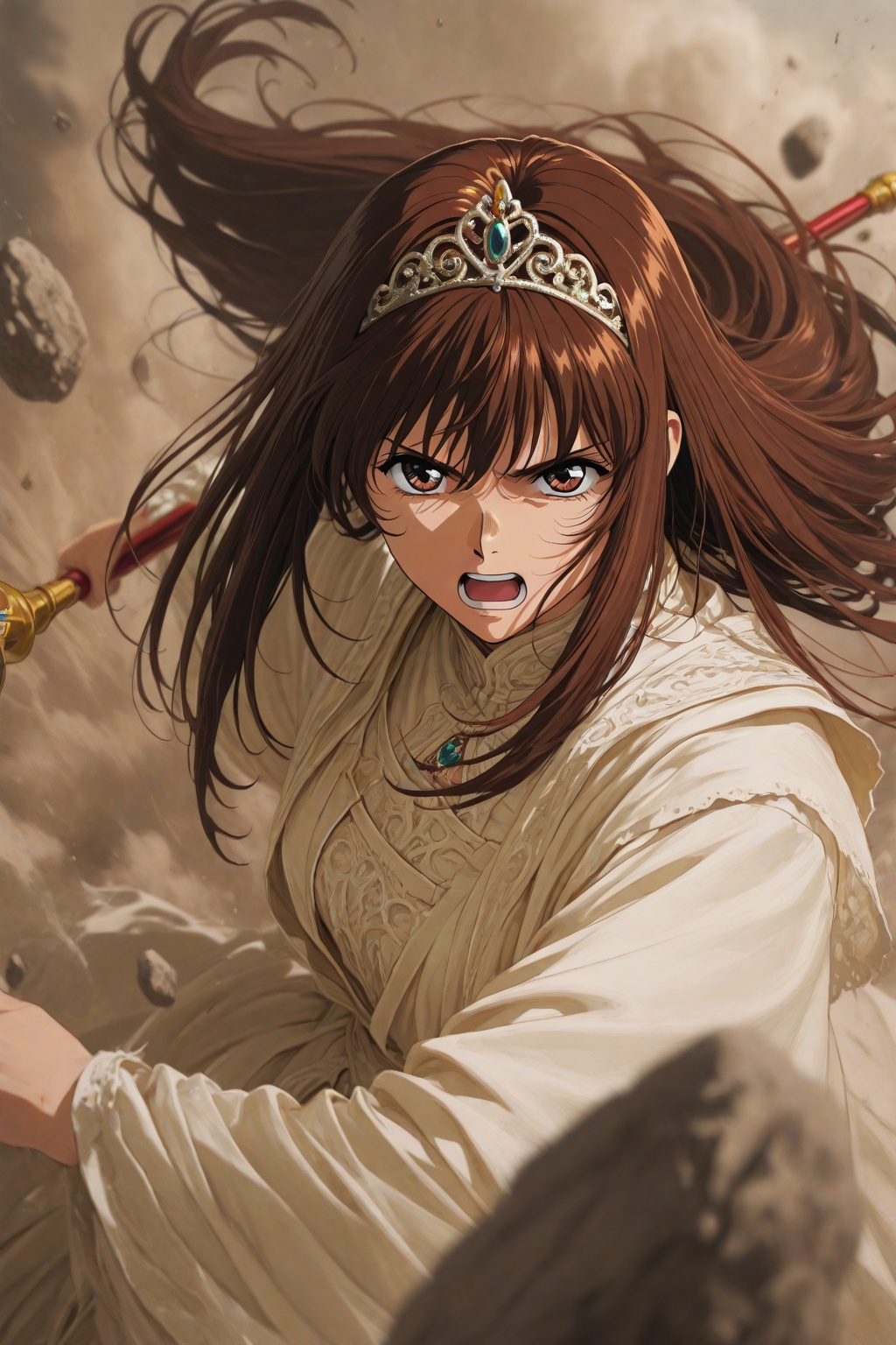masterpiece,1990s \(style\),anime coloring,Yuuki_Mizuho_OVA,1girl,solo,tiara,robe,layered clothes,portrait,serious,open mouth,holding staff,battle,floating rock,dust cloud,blurry background,