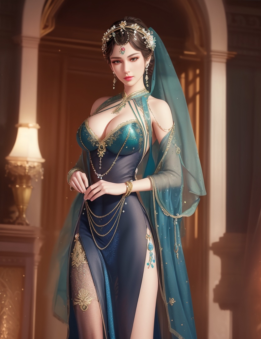 ultra realistic 8k cg, picture-perfect face, flawless, clean, masterpiece, professional artwork, famous artwork, cinematic lighting, cinematic bloom, perfect face, beautiful face, fantasy, dreamlike, unreal, science fiction,  beautiful clothes, lace, lace trim, lace-trimmed legwear,  (rich:1.4), prestige, luxury, jewelry, diamond, gold, pearl, gem, sapphire, ruby, emerald, intricate detail, delicate pattern, charming, alluring, seductive, erotic, enchanting, hair ornament, necklace, earrings, bracelet, armlet,halo((,1girl, pov,))(((,  1girl,  solo,looking at viewer, ))),(((1girl, solo, dress, jewelry,large breasts, )))<lora:DA_WhiteSnakeGreenSnake:0.7>