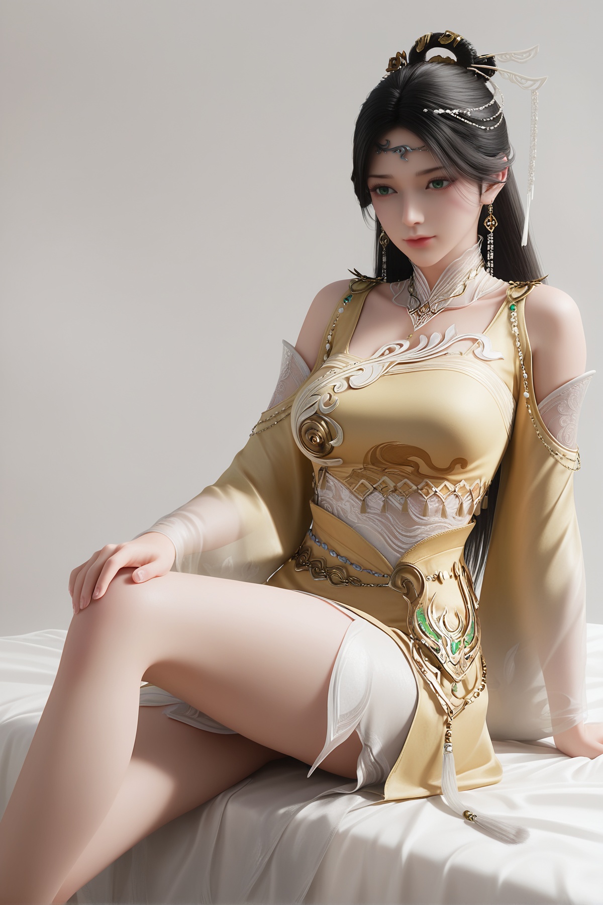 masterpiece,best quality,realistic,cinematic,detail eyes,(ultra-detailed),perfect composition,intricate details,absurdres,detailed face,high quality,high res,8K,<lora:X_jinpinger_IL3.0:0.8>,1girl,black hair,green eyes,long hair,breast,medium breast,hair_ornament,dress,bare_legs,sitting,bed,simple background,yellow_dress,