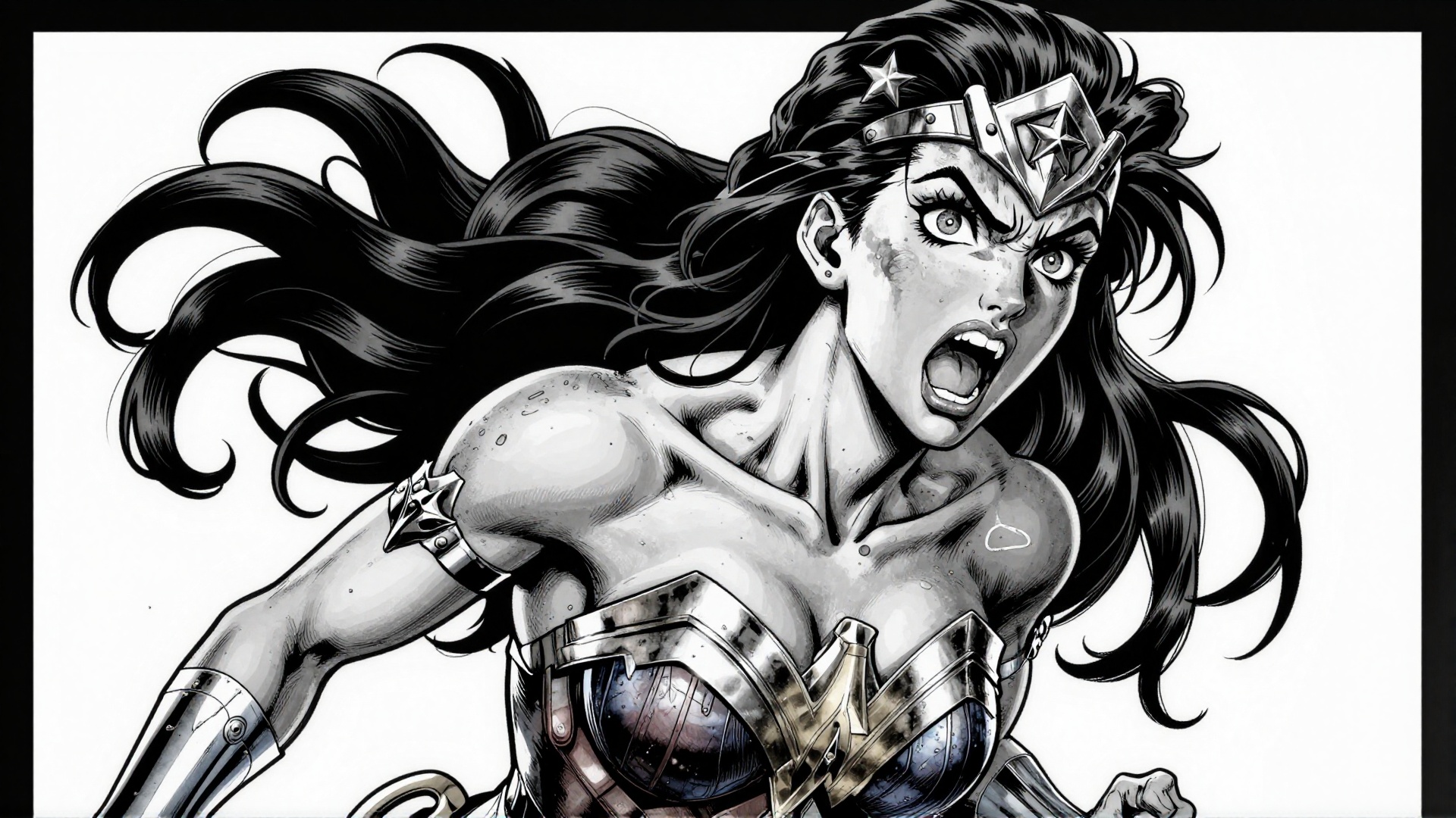 manga style art of cinematic comic book style comic book Drawing Wonder Woman a drawing of a woman with long hair screamin...