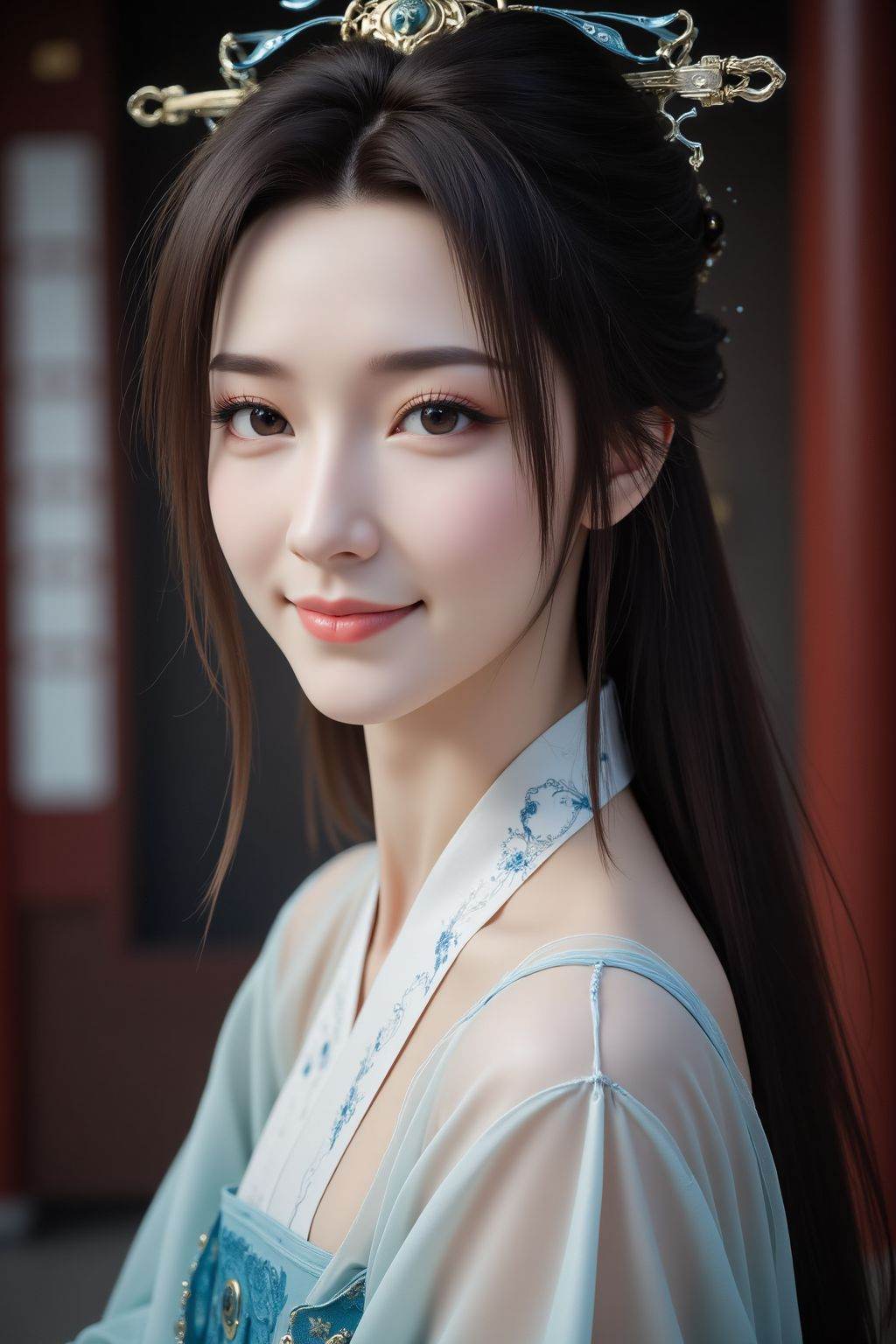 closeup face photo of 20 y.o, black eyes, pale skin, smile, long straight hair, dress, hanfu, <lora:20251027_TinFlux1AnimeCharactersNSFW_Epoch9:1>