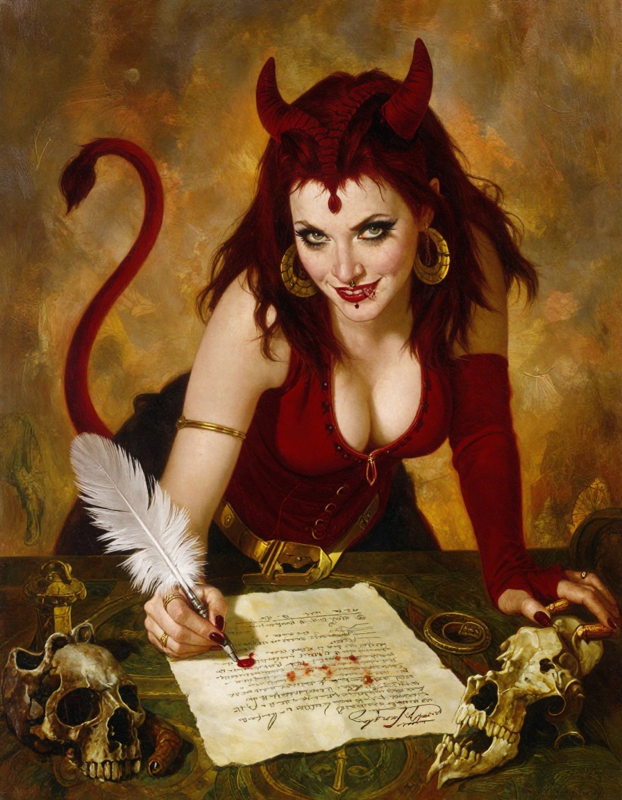 A scarlet-clad devil advocate leaning forward over an infernal contract on a desk of bones,  tail curling playfully,  clea...