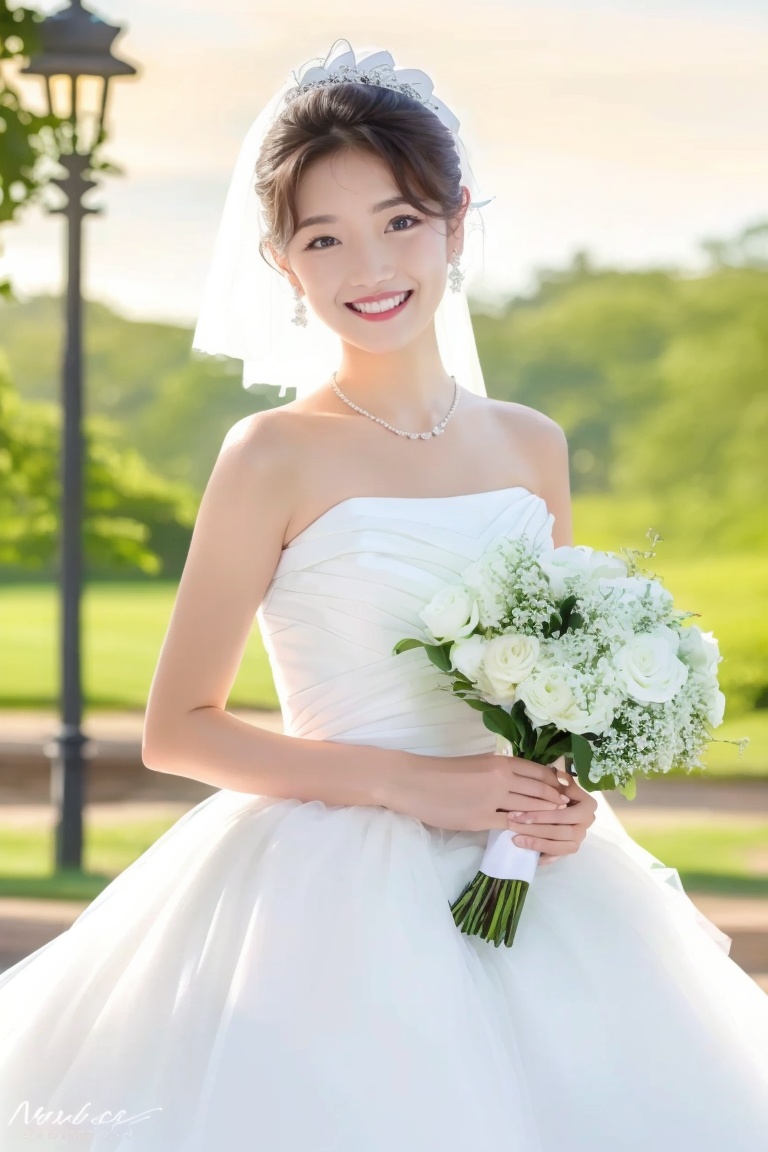 ((HRD, HUD, 8K)),((masterpiece, best quality)), highly detailed, soft light,WEDDING, 1girl, dress, jewelry, flower, earrings, smile, solo, necklace, wedding dress, blurry background, white dress, blurry, veil, black hair, bouquet, holding, grin, looking at viewer, strapless dress, strapless, brown hair, hair bun, <lora:20240407-1712491685411:0.8>