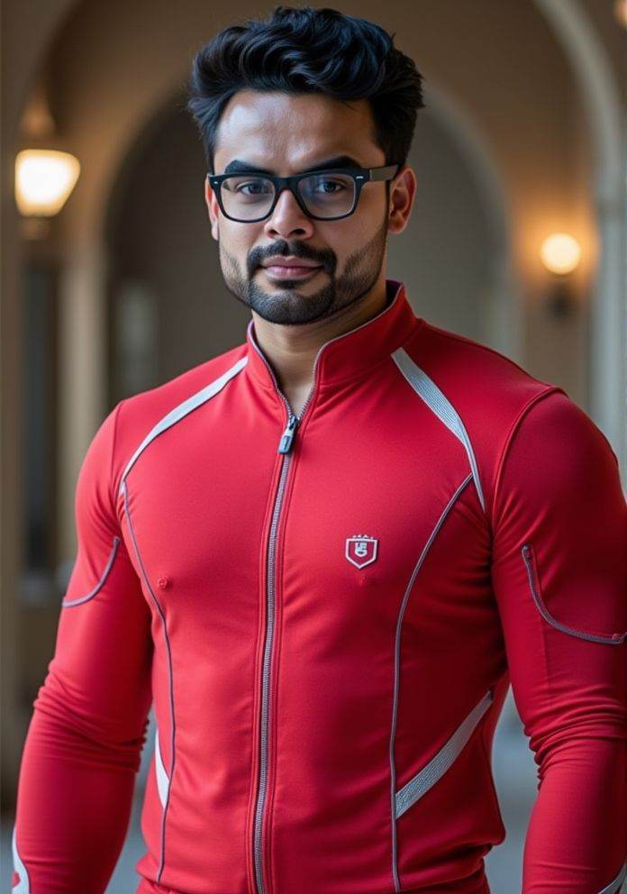 tovino thomas ,  Hi-res photo. He wears futuristic electronic glasses. He is wearing a light red,  close fitting flight su...