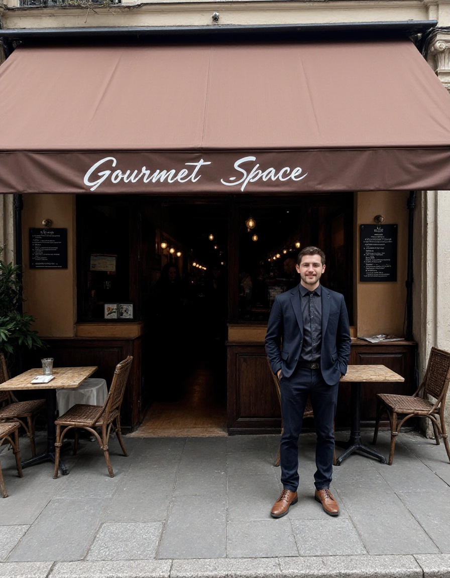 The image shows a person standing on a sidewalk in front of a cafe or restaurant entrance. The establishment has a brown awning with white lettering that reads "Gourmet Space"