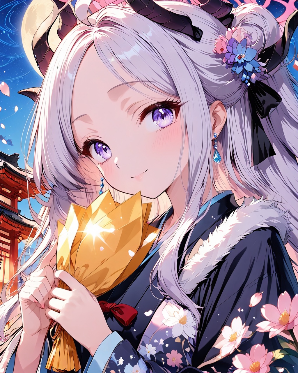Hina (Blue Archive),O,Hanfu,Hina (Blue Archive),long hair,solo,purple eyes,wings,bangs,middle part,white hair,halo,looking at the audience,horns,dandruff,devil's wings,devil's horns,low wings,Hanfu,moon,flowers,hair accessories,long hair,night,flowers,full moon,wide sleeves,blusher,ribbon,decorations,hair ring,platform,dress,night sky,headband,holding,fur lined,extremely long hair,galaxy,magpies,petals,bouquet,architecture,long sleeves,blooming,East Asian architecture,night sky,wide sleeves,closed mouth,happy,accurate,best quality,anatomically correct,red eyes,Nai3 style (Nai3:1.4),extremely detailed CG unified 8k wallpaper (high quality),very exquisite and beautiful,masterpiece,super fine CG unified 8k wallpaper,masterpiece,best quality,super fine,beautiful and delicate eyes:1.2 (UHD),anatomically correct,accurate,textured skin,super detail,high details,award winning,best quality,high quality,retina,HD,16k,1080P,
