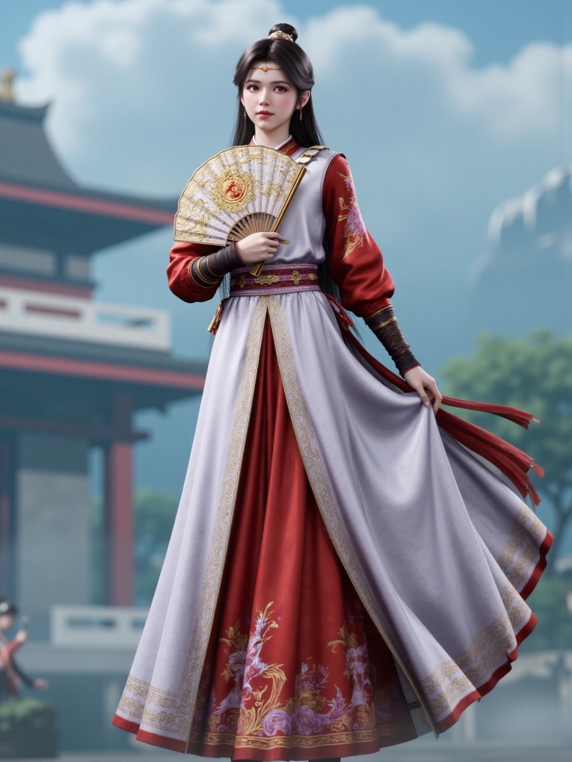 A young woman wearing traditional Chinese attire,holding an ornate fan,standing,outdoors,