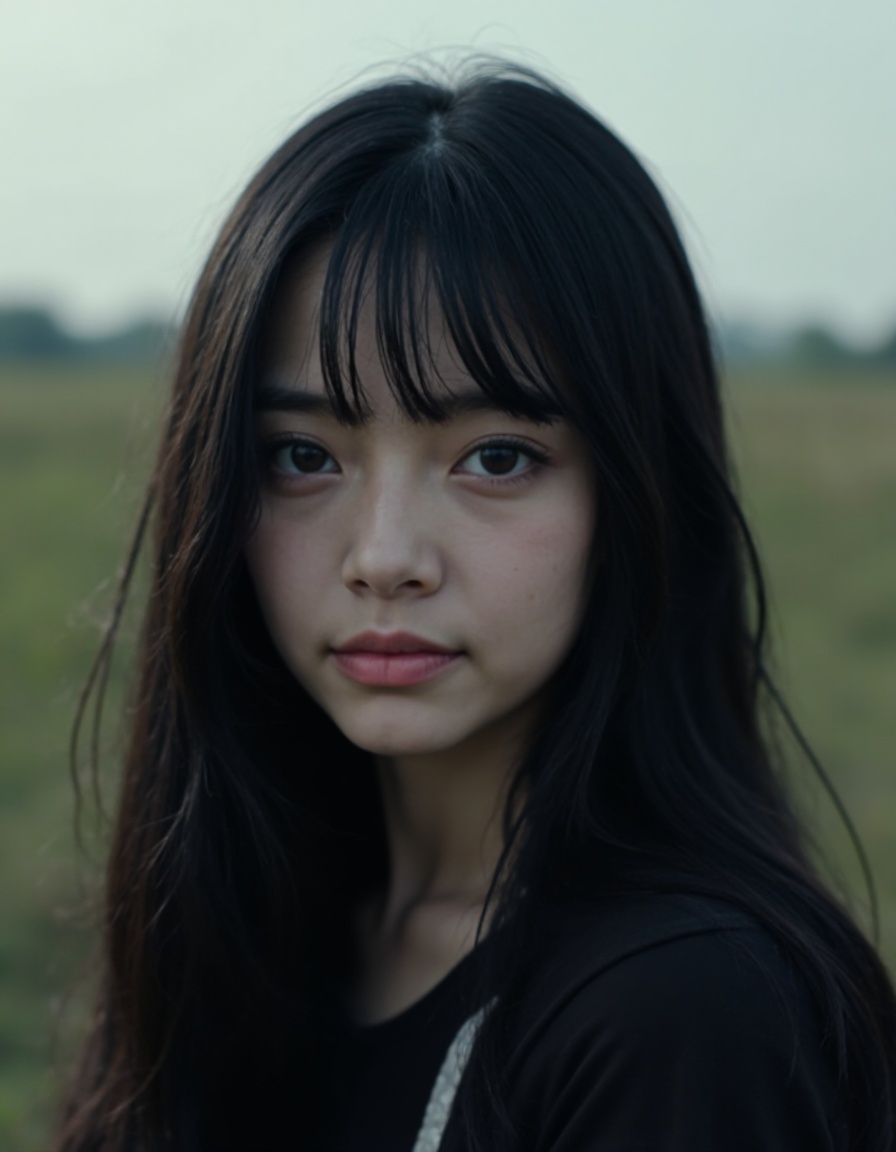 HDR photo of cinematic film still, 1girl, small mouth, solo, black hair, upper body, outdoors,