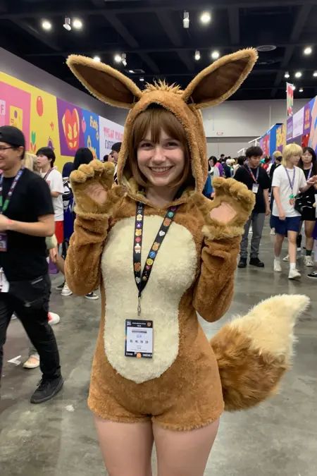 A cheerful woman in her twenties at a busy convention, dressed in a cozy Eevee cosplay. She wears a fluffy brown bodysuit with a cream-colored chest piece, oversized Eevee ears on a headband, and a big bushy tail attached at the back.She's smiling brightly with her hands up like paws, fully in character. A convention badge hangs around her neck on a lanyard covered in enamel pins.In the background are colorful booths, banners, and fellow cosplayers. Harsh convention lighting, crowded aisles, and the energetic chaos of a packed anime or gaming expo. Fun, wholesome fan culture vibes.﷿张照片是用iPhone 13拍摄的。<lora:aesthetic_exp1:0.75>