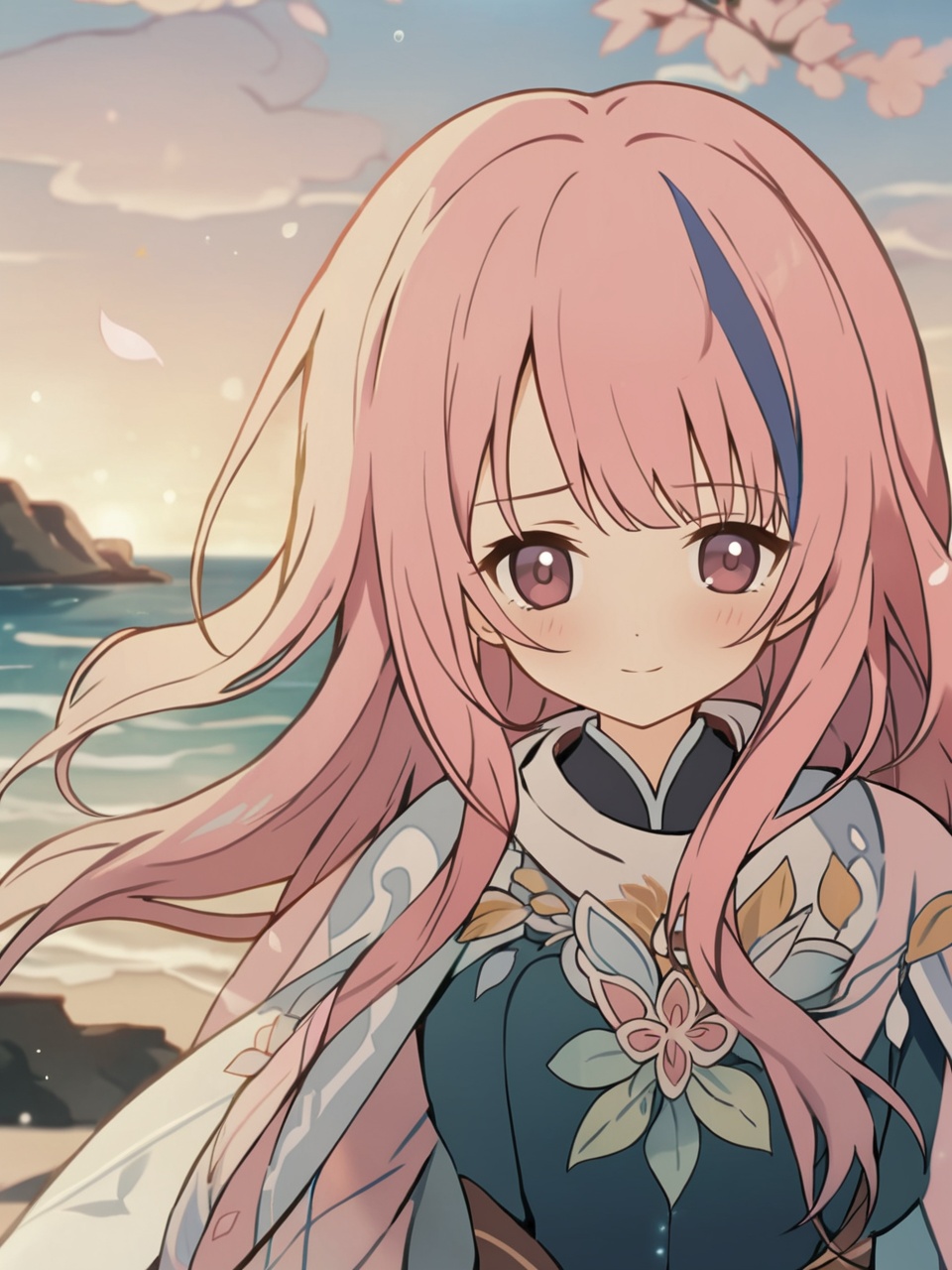 masterpiece,best quality,extremely detailed CG unity 8k wallpaper,Depth of field,cinematic lighting,backlighting,cel shading,anime screencap,long hair,beautiful detailed eyes,1girl,finely detail,(upper body:1.2),pink hair,(blue streaked hair:1.25),blue sky with cloud,sea,(flower near sea:1.5),art by princess connect!,original,seductive smile,random pose,solo,looking at viewer,ribbon,standing on beach,near water,blush,blunt bangs,blue water,<lora:GI.inazuma-fp8-lokr>,