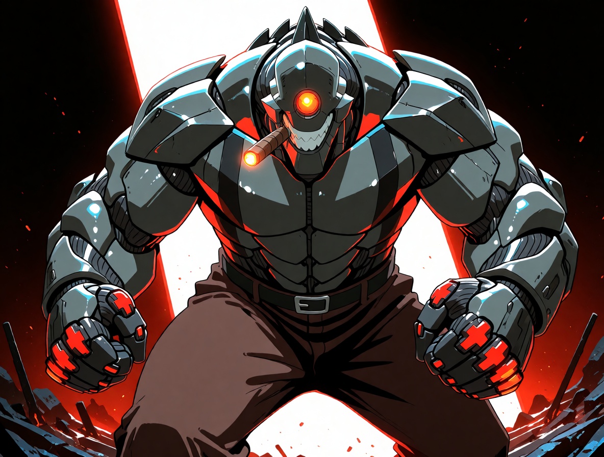 A cyborg with a cybernetic eye stands in a fighting stance. His body is completely metallic,  black metal with grey elemen...