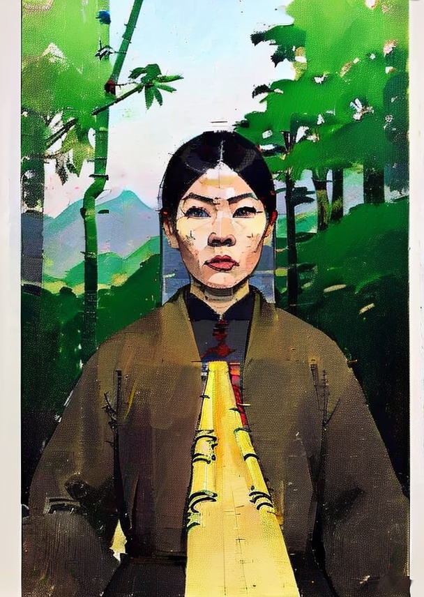1girl，4K,masterpiece,Oil painting,High Quality,<lora:Euan Uglow-V2:0.9>,To shoot from above. ，art by Zao Wou-ki，extreme close - up, focus on face, A woman in red Hanfu, wearing a white transparent veil Chinese swordsman floats over the bamboo forest and stretches his body, solo，gopro photography, enemy falling to the ground, ancient Chinese bamboo forest in the background, 