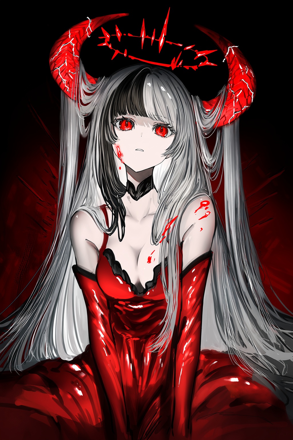 @gawako,  Medium close-up portrait of a girl with pale skin,  very long silver-grey hair streaked with black and black ban...