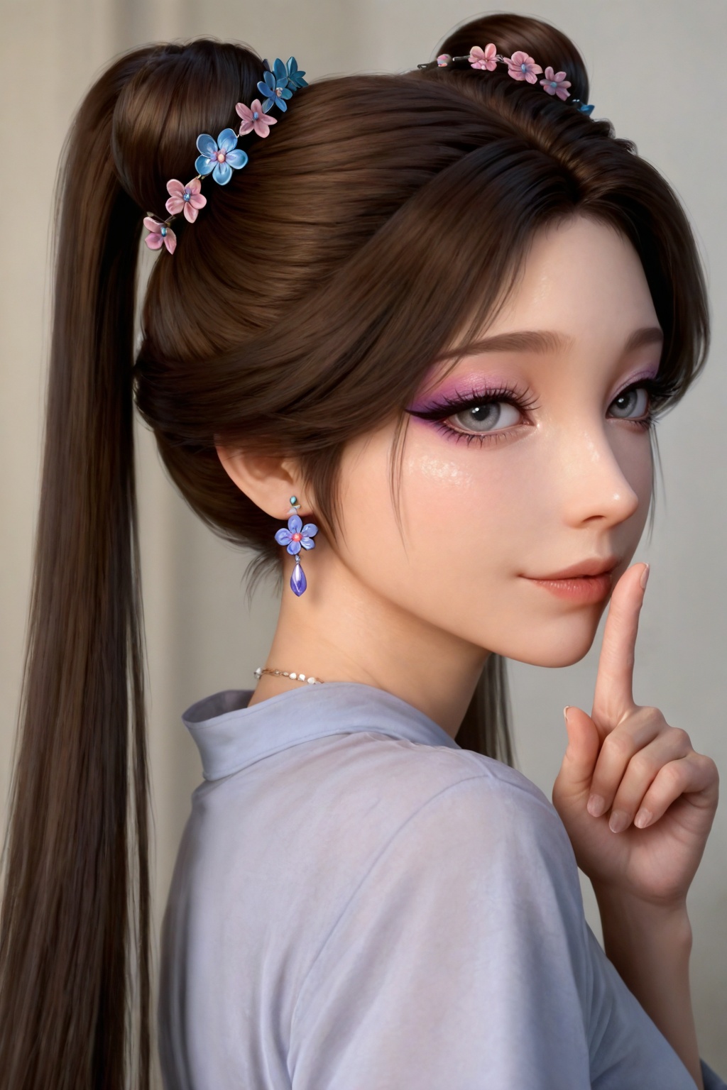 masterpiece,best quality,amazing quality,very aesthetic,high resolution,ultra-detailed,absurdres,photorealistic,<lora:meining:0.6>,meining,(shiny_skin:0.8),jewelry,hair flower,brown hair,hair ornament,lips,long hair,hair bun,double bun,twintails,grey eyes,eyelashes,forehead,longeyelashes,eyeshadow,flower earrings,1girl,solo,shirt,<lora:眼妆-000015:0.4>,upper_body,fair_skin,smile,from side,shushing,looking_back,