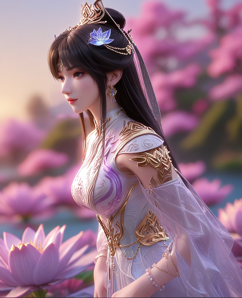 (diving from the sky:1.1),(large breasts:1.2),<lora:XL16云深不知梦云珞璇魂体:0.95>,miss yunluoxuan,white dress,black hair,long hair,hair ornament,earrings,jewelry,hair bun,bracelet,lotus throne,, score_9,score_8_up,score_7_up,score_6_up,score_5_up,score_4_up,3d rendering,tag1,tag2, Cinematic Lighting,backlighting,