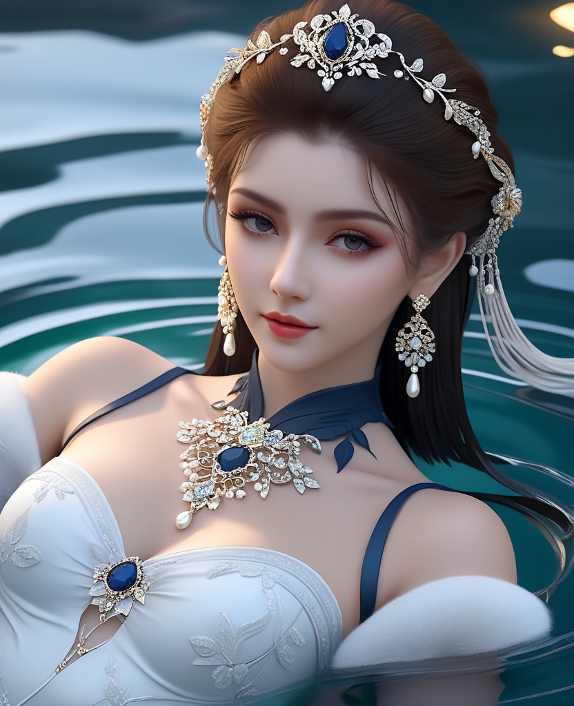 <lora:588-DA-XL-梦塔·雪谜城-白亦君:0.8>(,1girl, ,best quality, ),looking at viewer,masterpiece, ((((1girl, solo, , ,solo focus, lying on water, )))) (cleavage), (), ,ultra realistic 8k cg,   clean, masterpiece,     (( , )),,  , unreal, science fiction, luxury, jewelry, diamond, gold, pearl, gem, sapphire, ruby, emerald, intricate detail, delicate pattern, charming, alluring, seductive, erotic, enchanting, hair ornament, necklace, earrings, bracelet, armlet,halo,(cleavage),, (),