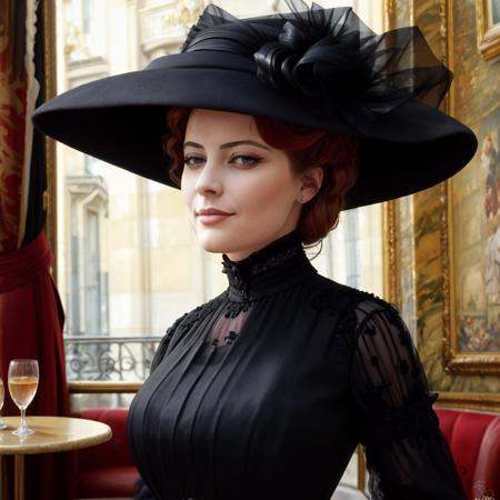 masterpiece,  uhd,  sharp color photo of a beautiful woman wearing a high-neck layered black dress on Tensor.Art