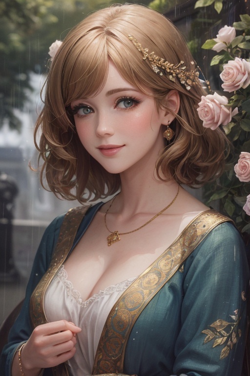 (masterpiece,best quality:1.5),Style of Delphin Enjolras,Vaporwave (🕌),🪵,🌳,🌹,molly ringwald,🙃,Sandstone,Raining,Cool,Factory,smile,<lora:HandFineTuning:-0.1>,