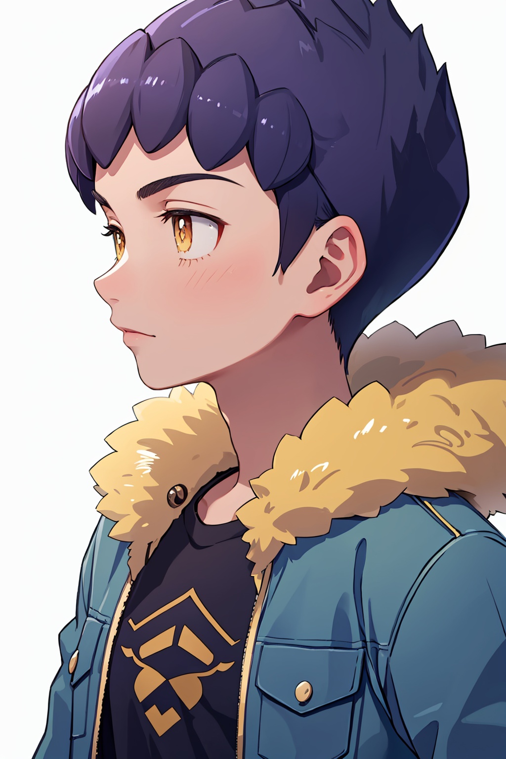 masterpiece,best quality, highly detailed, 1boy,black shirt,blue jacket,closed mouth,fur-trimmed jacket,hop (pokemon),male focus,solo,white background,open jacket,simple background,upper body,sleeves past elbows,looking to the side,<lora:hop_(pokemon):1>