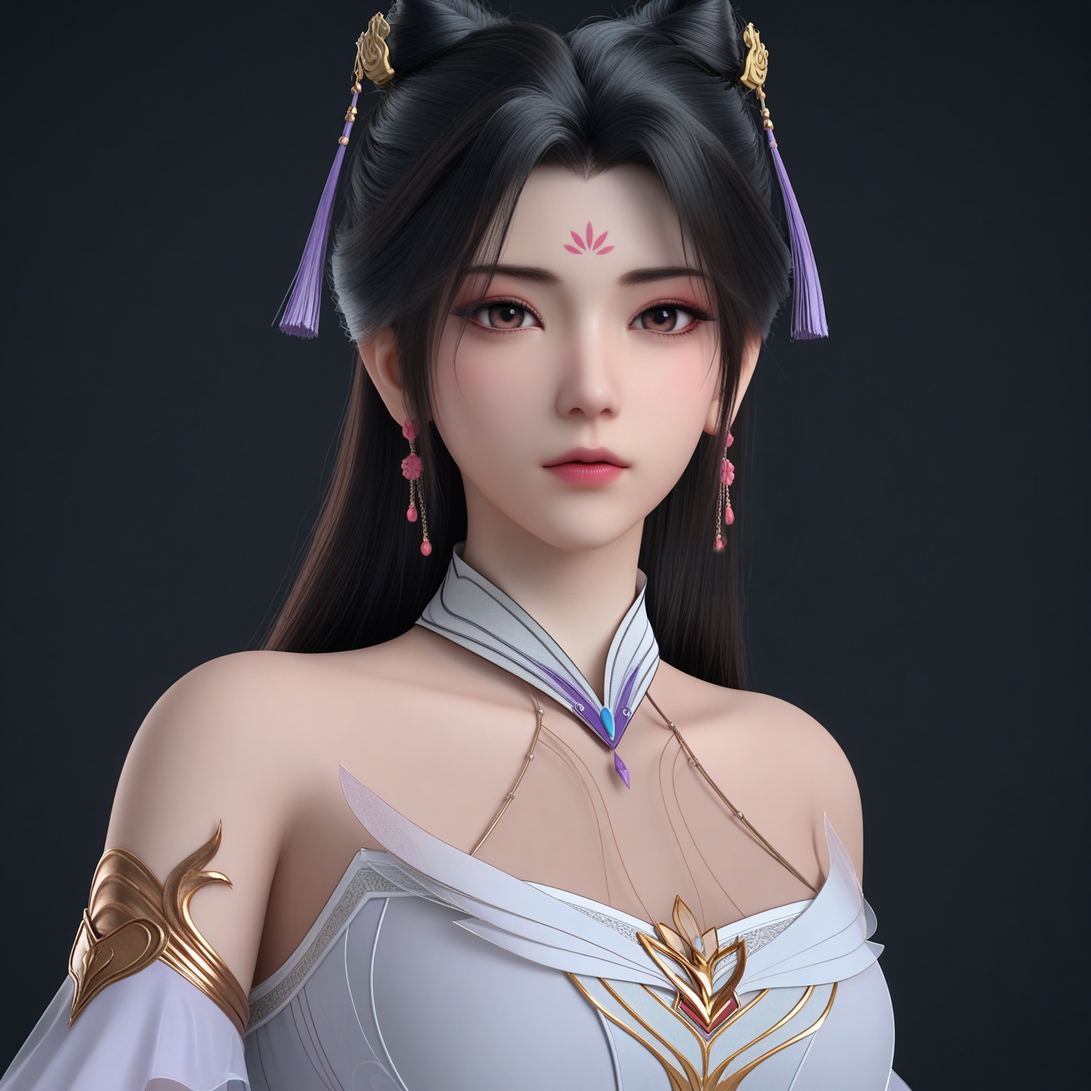 (upper_body:1.1),(huge breasts:0.9),85.<lora:YQponymengkeerV2:0.8>,(q1528437228:1.3),solo,jewelry,long_hair,black_hair,earrings,hair_ornament,bare_shoulders,dress,facial_mark,forehead_mark,white_dress,detached_sleeves,hair_bun,tassel,see-through,double_bun,sash,detached_collar,,blush,(looking_at_viewer:1.1),BREAKintricate details,shiny_skin,solo focus,(blurry background:1.1),(depth of field:1.1),perfect_anatomy,(cinematic lighting:0.9),(volumetric lighting:0.9),(simple background,pure black background,black background:1.1),