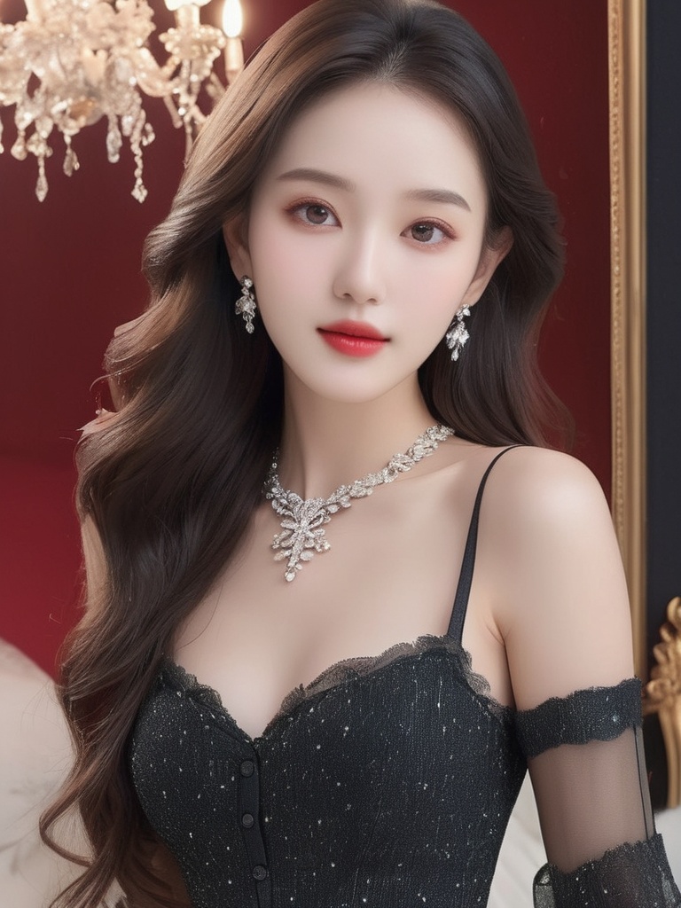 Top level CG, highest picture quality, masterpiece, exquisite and delicate beautiful girl, (185cm beautiful woman), (tall figure), queen, queen temperament, fair skin, ((long legs)), perfect facial features, bright eyes, seductive posture, red lips, beautiful and cold, (big breaks), beautiful and heroic, black and smooth long hair, sparkling, lace edge, mesh, visible skin through perspective, wearing glasses, diamond earrings, ruby necklace, ((wearing black cream stockings under ultra short jeans), 8k image quality, (realistic portrait), (black starry background), characters occupying the entire screen, (face lighting), ((standing))