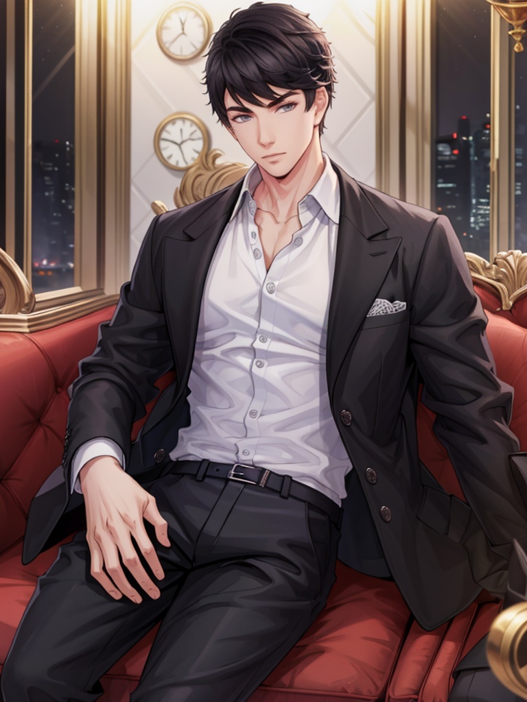 Victor,<lora:Victor:1>,, masterpiece,best quality, 1boy,shirt,male focus,jacket,white shirt,solo,sitting,looking at viewer,pants,couch,black jacket,black footwear,open jacket,long sleeves,black pants,open clothes,formal,shoes,collared shirt,