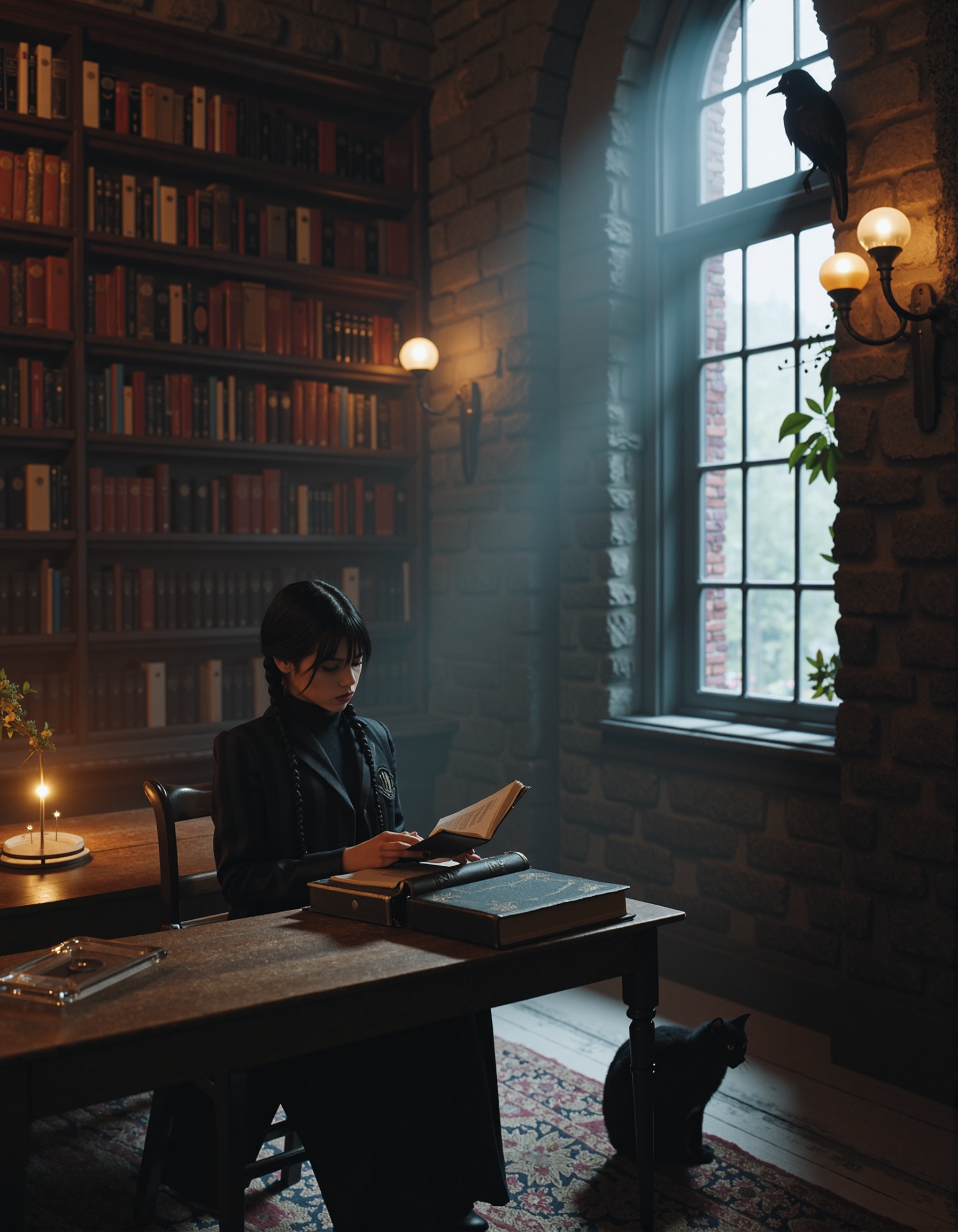 Inside a vast,  gothic library with towering bookshelves filled with ancient tomes,  wednesday addams sits at an old on Te...