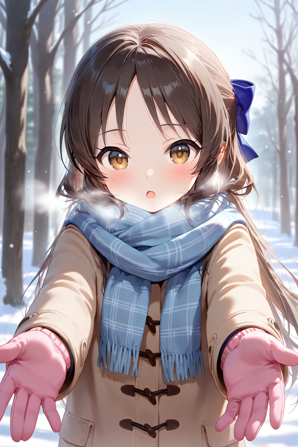 1girl, solo, long hair, looking at viewer, blush, open mouth, bangs, brown hair, gloves, long sleeves, bow, brown eyes, upper body, hair bow, outdoors, scarf, :o, coat, plaid, blue bow, outstretched arms, breath, snow, winter clothes, mittens, winter, blue scarf, plaid scarf, winter coat, tachibana arisu