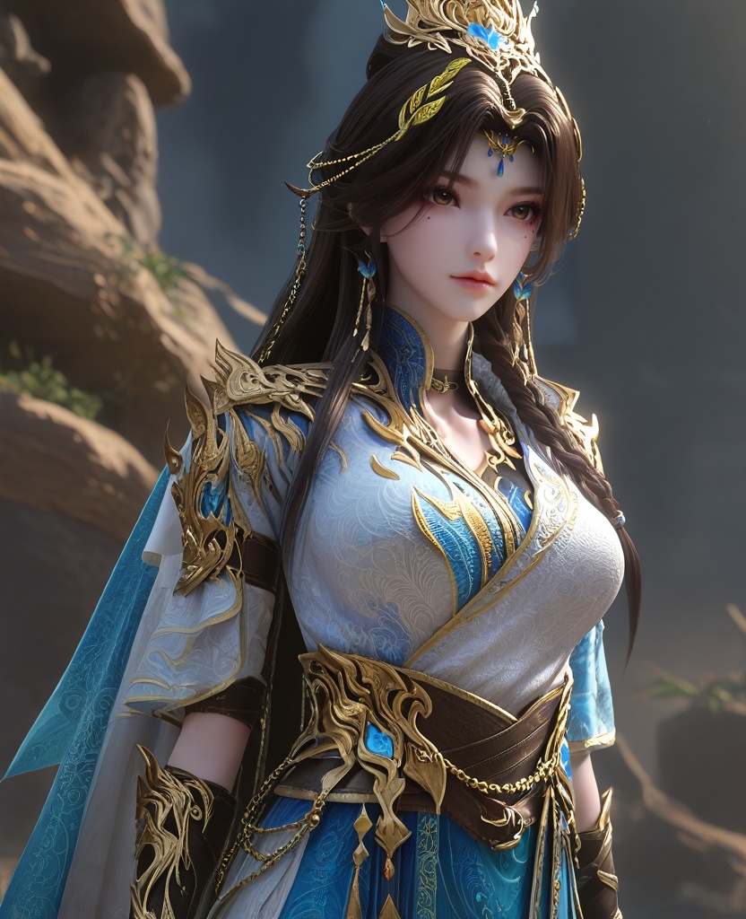 (With one hand touching her chin, eyes gazing into the distance, she emanates contemplation and wonderment:1.1),(large breasts:1.2),<lora:XL16云深不知梦羲和第20集‌跃灵谷:0.95>,miss xihe,white and blue tiered hanfu,brown eyes,mole under left eye,black hair,very long hair,draped looped buns with front braid,hair ornament,jewelry,black fingerless gloves,cape,, score_9,score_8_up,score_7_up,score_6_up,score_5_up,score_4_up,3d rendering,tag1,tag2, Cinematic Lighting,backlighting,