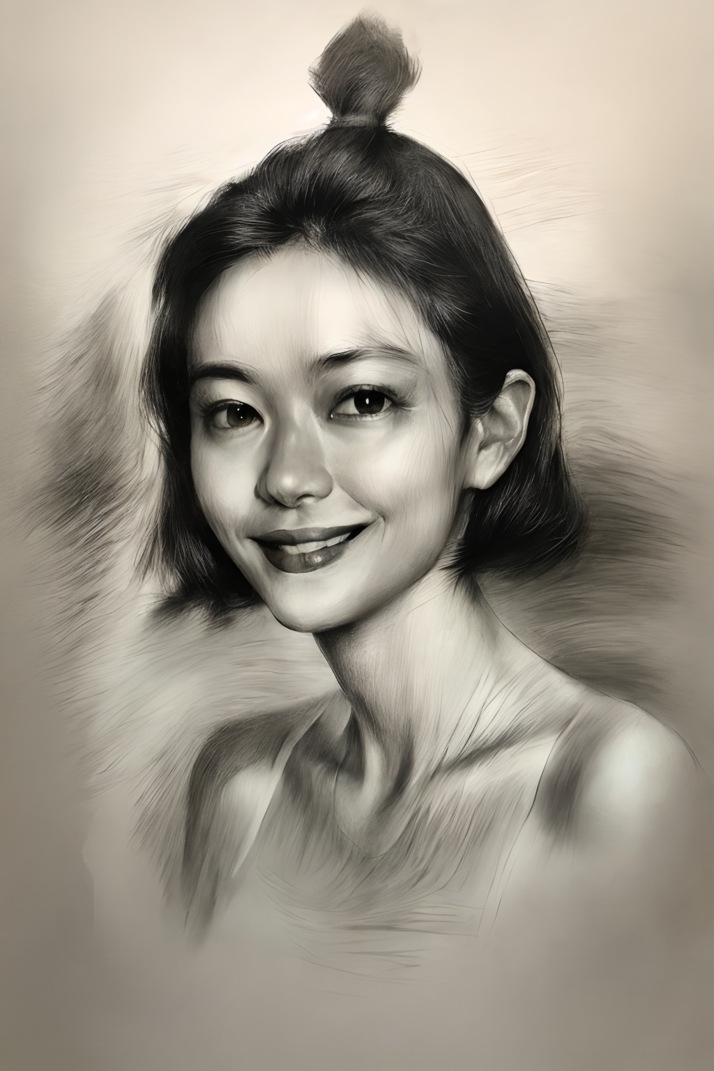 best quality, masterpiece, (realism: 1.3), 20 years old female, 1 girl, female focus, black hair, (natural skin texture, surreal, sharp), solo, (upper body: 1.2), smiling, bare shoulders , long hair, sketch, line, pencil drawing, traditional media, graphite (medium), simple background, White background, <lora:sketch-pencil:1>