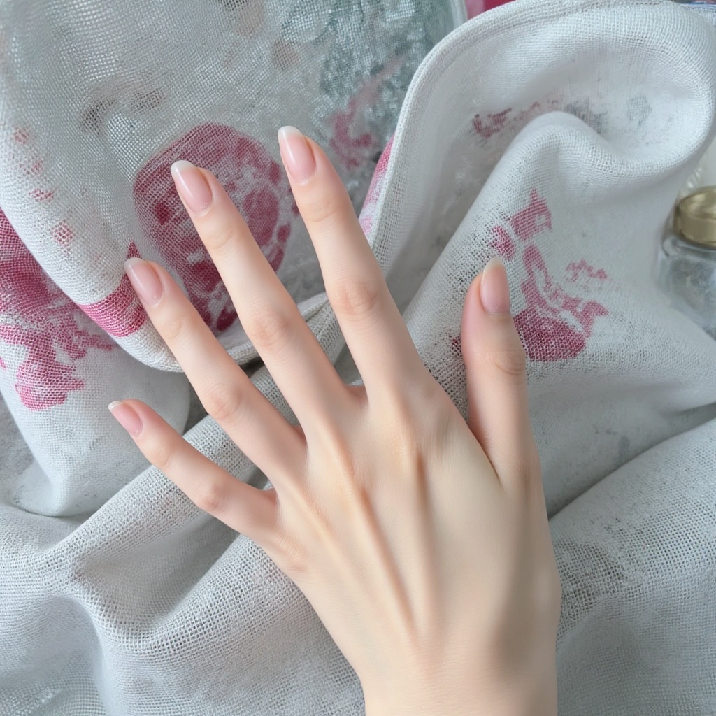 Close-up of a slender hand with clear skin texture and fair as snow,and the background is exquisitely patterned fabric sheets.,
