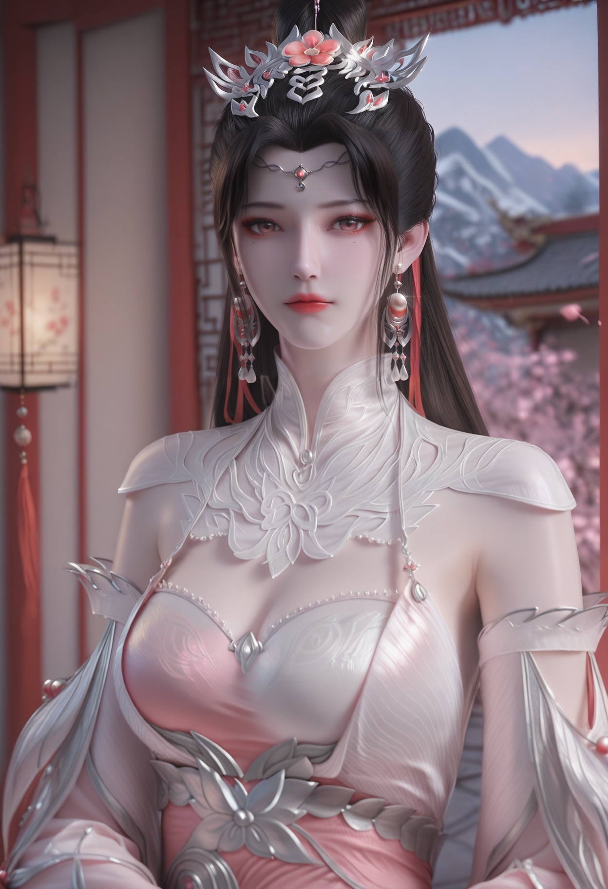 Liu_mei,1girl,bare legs,black hair,hair ornament,jewelry,hair bun,earrings,blurry background,mole under eye,makeup,hair bun,<lora:Liu_mei_10_illu-000005:0.75>,dress,white dress,pink dress,chinese clothes,long sleeves,clothing cutout,red hair ribbon,photorealistic,hyperrealistic,<lora:realistic filter [IL]:1>,(pale skin),looking at viewer,standing,(upper body:1.5),close up,head shot,large breasts,lantern,open window,looking at viewer,indoors,mountains,blossoms,flowers,east asian architecture,beautiful sunrise,warm ambient temperature,