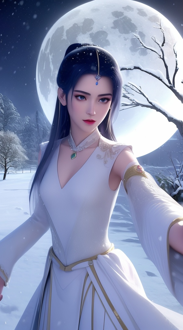 <lora:444-DA-真阳武神-禅银纱-男装:0.8>,(,1girl, ,best quality, ),looking at viewer,ultra realistic 8k cg, picture-perfect face,   clean, masterpiece,     cinematic lighting, cinematic bloom, fantasy,  , unreal, science fiction, ((,1girl, pov,))(((,tree, 1girl, full moon,snowing,snow ,solo,     solo focus,  long_hair, looking_at_viewer,  )))  (rich:1.4,)     prestige, luxury, jewelry, diamond, gold, pearl, gem, sapphire, ruby, emerald, intricate detail, delicate pattern, charming, alluring, seductive, erotic, enchanting, hair ornament, necklace, earrings, bracelet, , 