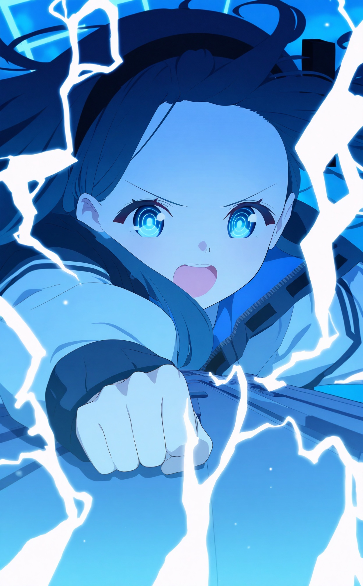 //,1girl,aris_\(blue_archive\),blue_eyes,solo,jacket,open_mouth,long_hair,black_hair,incoming_attack,ringed_eyes,blue_theme,long_sleeves,clenched_hand,forehead,electricity,white_jacket,hairband,v-shaped_eyebrows,train,upper_teeth_only,looking_at_viewer,black_hairband,one_side_up,teeth,upper_body,//,<lora:ba——【CKXL】hans:1>,