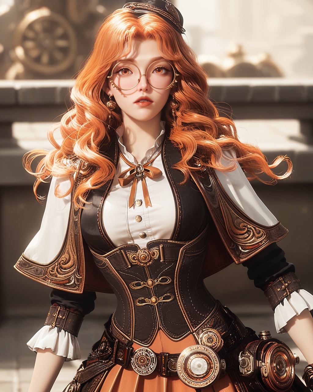 1girl,solo,long hair,earrings,hair_ornament,breast,dress,medium breast,<lora:wy_juzi_yj_XL1.0:0.8>,hat,belt,steampunk,monocle,jewelry,glasses,round eyewear,white shirt,orange hair,shirt,ribbon,blonde hair,parted lips,wavy hair,mini hat,corset,, score_9,score_8_up,score_7_up,score_6_up,score_5_up,score_4_up,