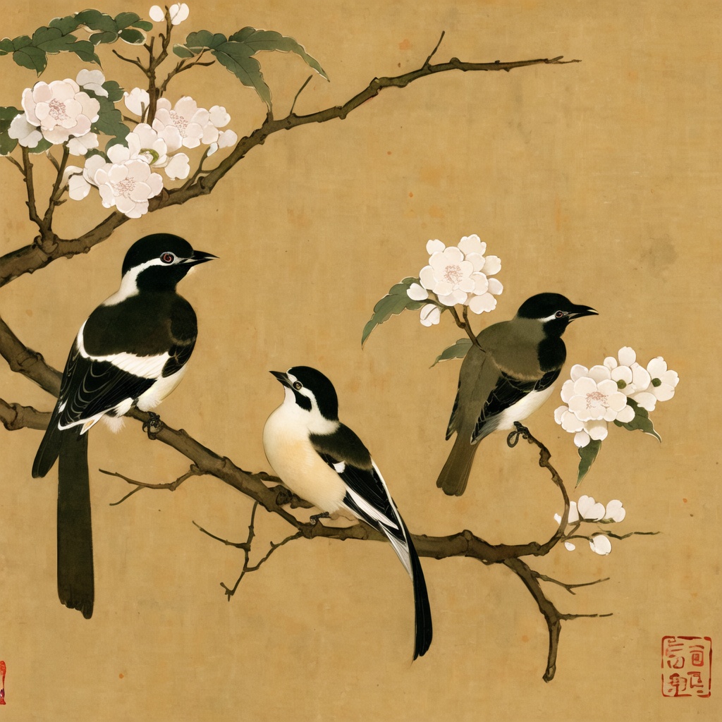 Begonia flowers with a magpie on a branch, traditional Chinese painting light color, fine brushwork, circular composition, background on yellowed rice paper