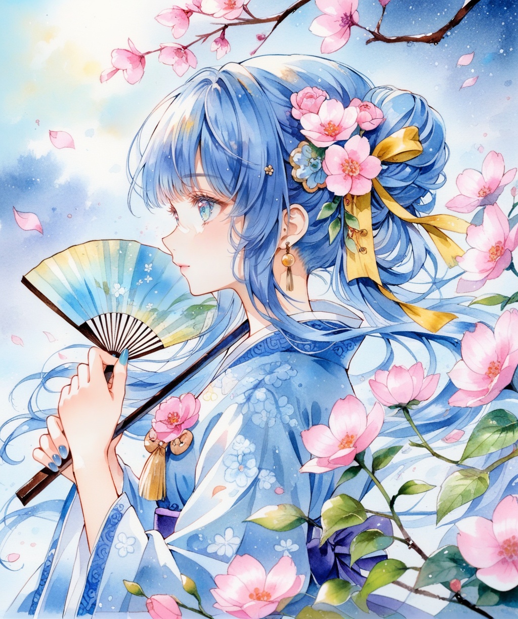 1girl, solo, traditional media, hair ornament, flower, painting (medium), hand fan, hair flower, long hair, watercolor (medium), holding fan, holding, long sleeves, paper fan, bangs, chinese clothes, upper body, blue hair, hanfu, uchiwa, blue eyes, leaf, pink flower, eyelashes, tassel, profile, from side, bow, ribbon, jewelry, blush, wide sleeves, looking away, hair rings, closed mouth, night, sleeves past wrists, aqua eyes, hagoromo, hair ribbon, hair bun, hands up, dress, sky, light particles, bowtie, looking up, plant, yellow ribbon, nail polish, beads, shawl, branch, blue background, blue nails